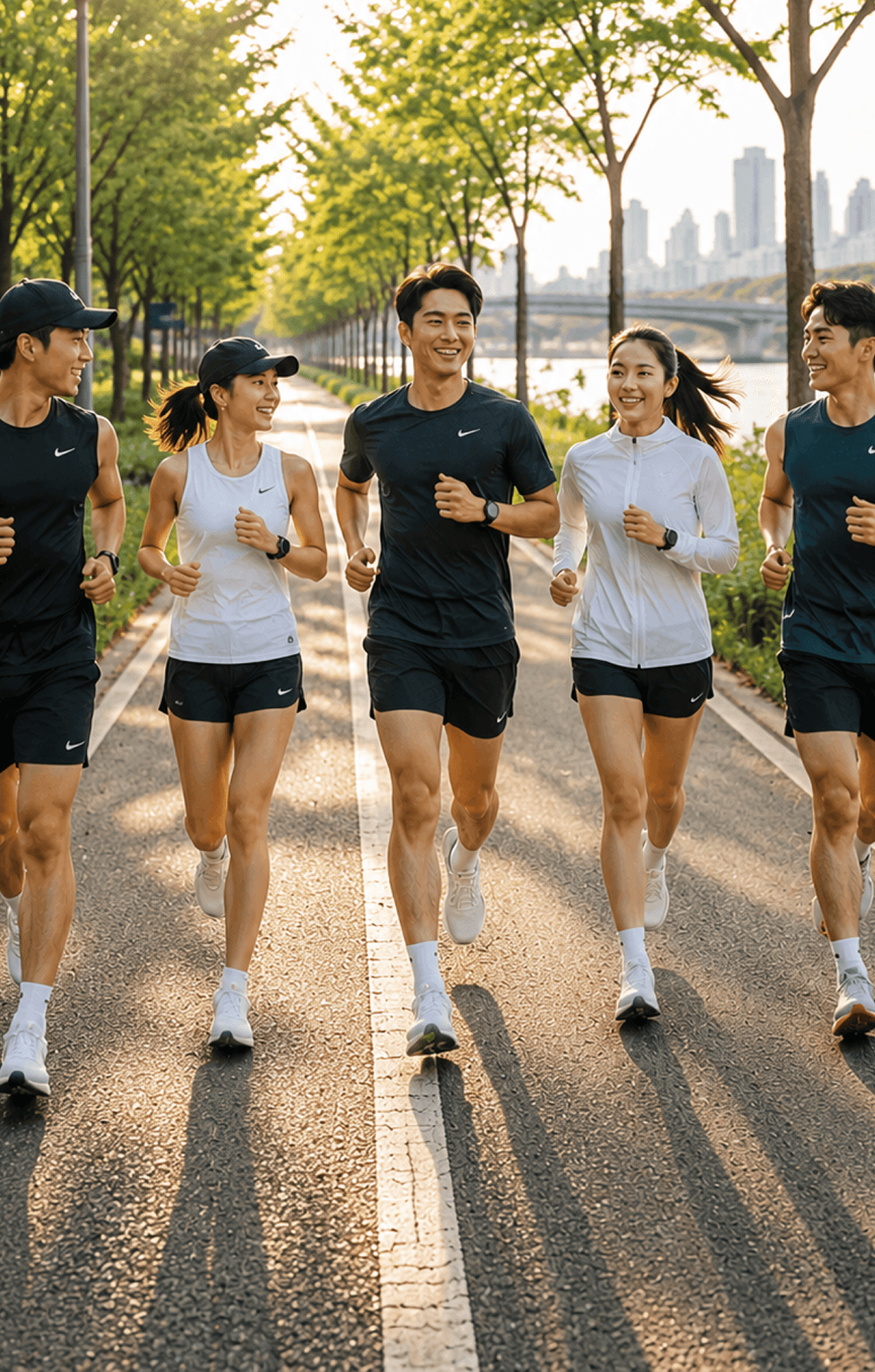 해 질 무렵 강변 산책로를 나란히 달리며 웃는 러닝 모임 멤버들.